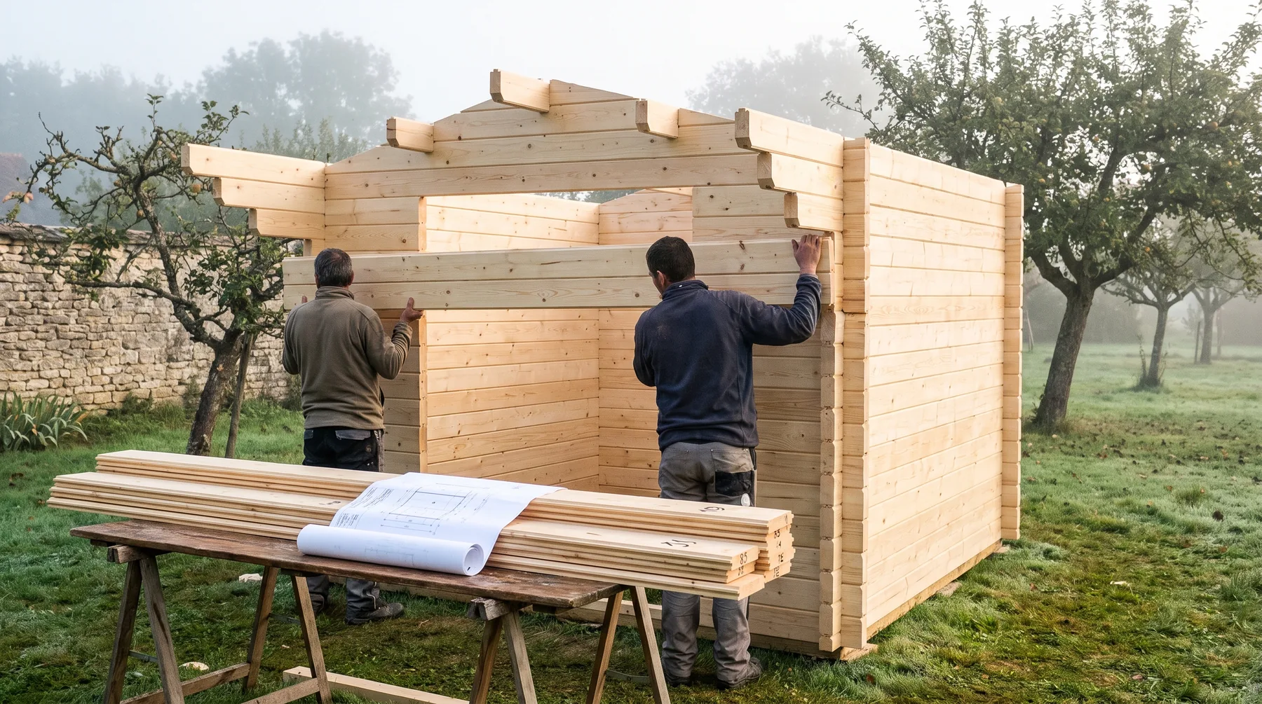 Montage d'un chalet en kit en madriers d'épicéa dans un jardin, avec le plan et les madriers numérotés au premier plan